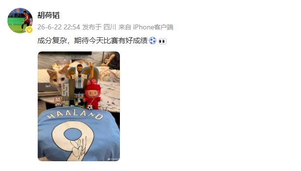 胡荷韬晒梅西乐高与哈兰德球衣,社媒写“成分复杂”